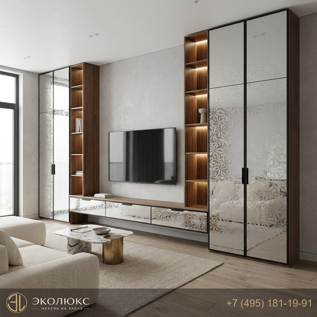 ТВ-зона с витринами ЗЕРКАЛО УЗОРЧАТОЕ МАТОВОЕ С РИСУНКОМ ШЕФЛЕРА SMC-012 Б/ЦВ 4 ММ (арт. 766)
