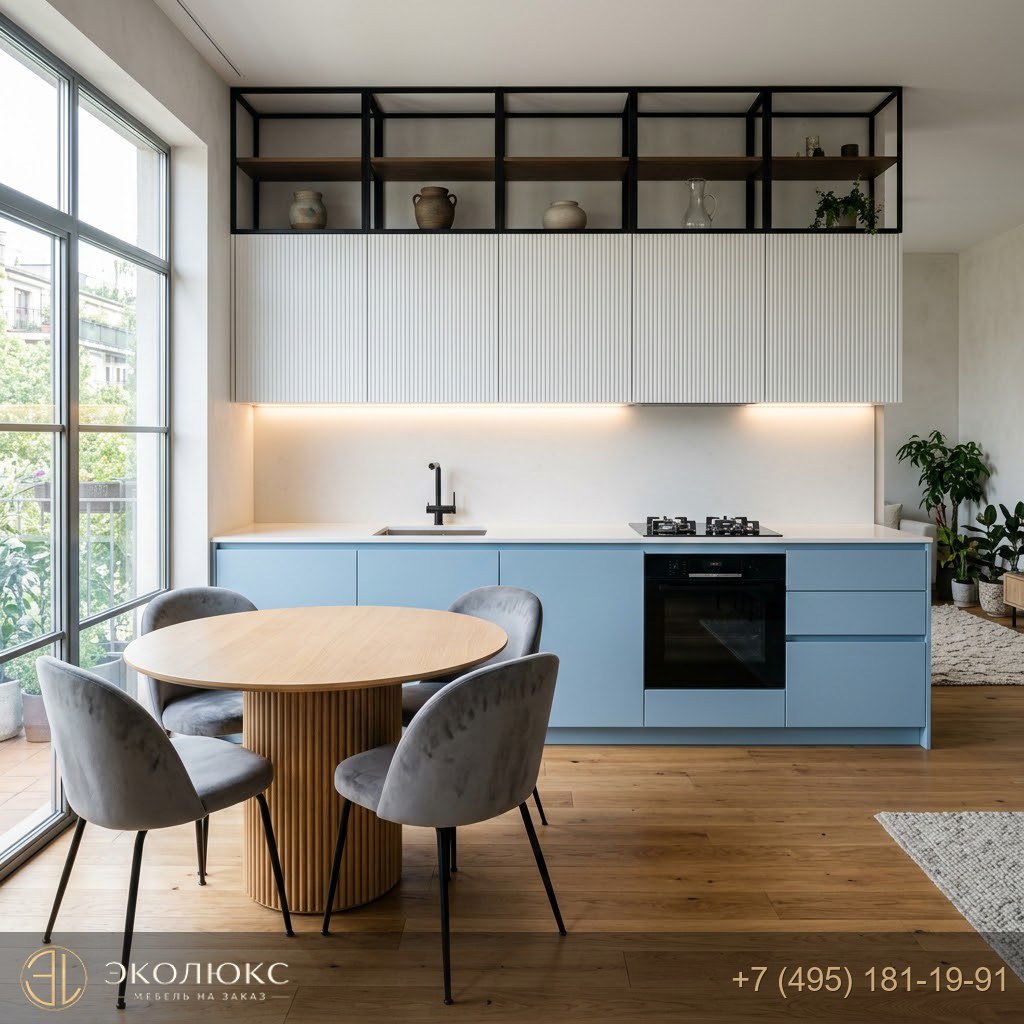 Современная светло-голубая кухня с рифлеными фасадами